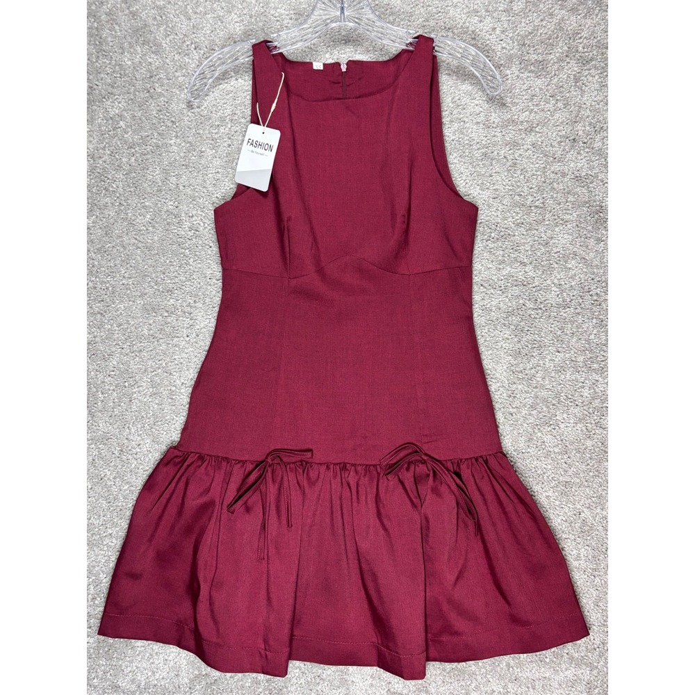 Fashion Be Yourself Burgundy Sleeveless Drop Waist Bow Mini Dress XS New